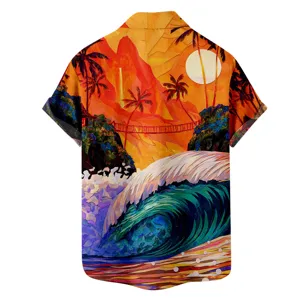 Vue détaillée du dos de la chemise imprimée vague tropicale, design artistique de coucher de soleil.