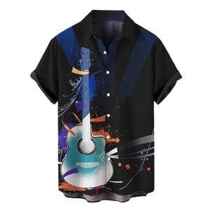 Chemise hawaïenne décontractée à manches courtes pour homme avec imprimé guitare 3D pour l'été.