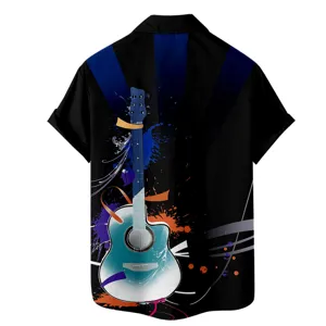 Chemise hawaïenne décontractée à manches courtes pour homme avec motif de guitare 3D.