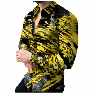 Men's long sleeve button up shirt featuring a striking yellow black 3d abstract print style.