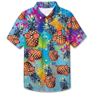 Kinder sommer kurzarmhemd mit 3d ananas muster freizeit revers top detail ansicht