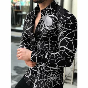 Mens long sleeve button down shirt with 3D spider web print casual lapel top detail.