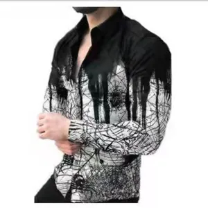 Detail of mens long sleeve lapel shirt with unique spiderweb 3d print pattern style.