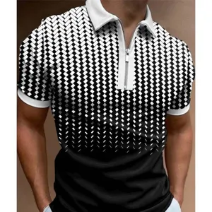 Men's summer casual short sleeve polo shirt with zipper lapel and 3d geometric print design.