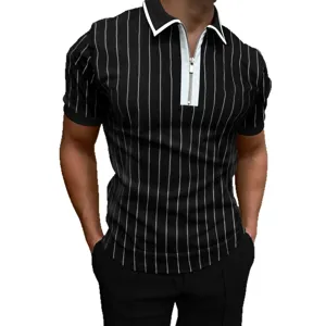 Men's casual short sleeve striped polo shirt with zipper lapel, stylish summer menswear.