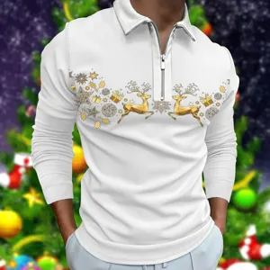 Detailansicht des weihnachtlichen Langarm-Poloshirts für Herren mit goldenem Rentier-Print.
