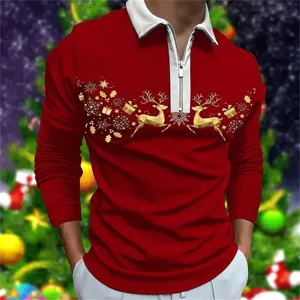 Herren Weihnachten Langarm Polo Shirt Casual Gold Rentier Druck Golf Oberteil Herbst