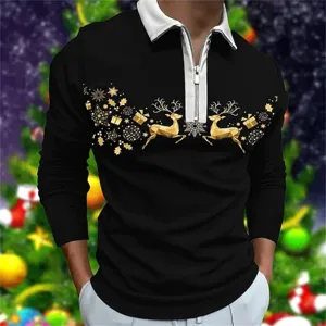 Herren Langarm Weihnachts Polohemd mit Reißverschluss und goldenem Rentier Druck motiv.
