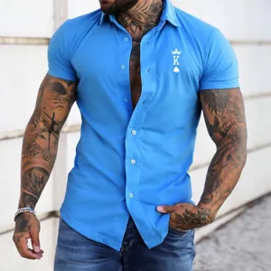 Men's short sleeve collared dress shirt slim fit casual button down shirt with chest print.