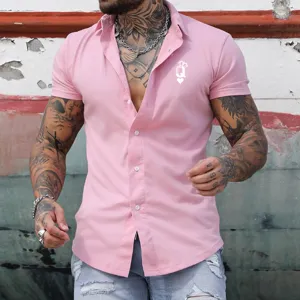 Mens Pink Short Sleeve Button Down Shirt Slim Fit Casual Summer Lapel Top With Chest Print