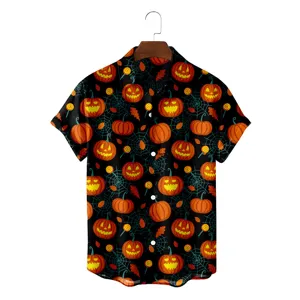 Men's Halloween Pumpkin Bat Print Hawaiian Beach Short Sleeve Shirt Casual Button Down Turn Down Collar Holiday Top