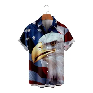 Men's casual short sleeve shirt featuring a 3D digital print of the US flag and bald eagle.