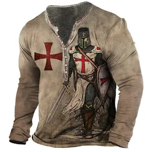 Close-up detail of the Templar Knight 3D printed long sleeve Henley shirt with red cross.
