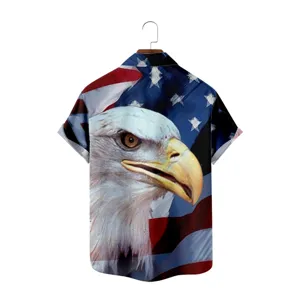 Close-up detail of mens short sleeve casual shirt featuring 3D digital american flag eagle print