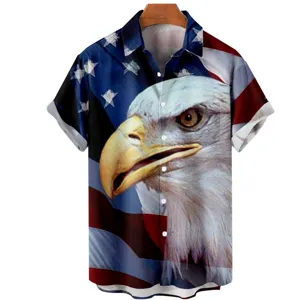 Men's Casual 3D American Flag Bald Eagle Print Short Sleeve Button Down Shirt New