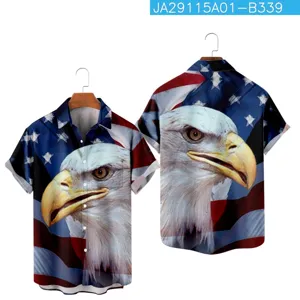 Men 3D American Flag Eagle Print Casual Short Sleeve Shirt Summer Fashion Button