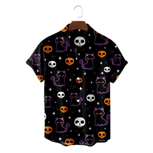 Halloween short sleeve Hawaiian shirt detail showing black cat and skull 3D print pattern