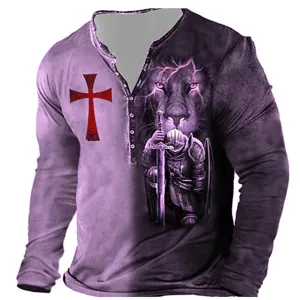 Men's 3D Printed Crusader Lion Long Sleeve Henley Shirt Vintage Casual Fashion Top