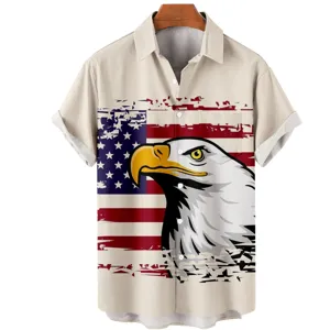 Men's casual short sleeve shirt featuring American flag and bald eagle 3D print.