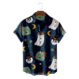 Halloween hawaiian shirt for men short sleeve 3d printed spooky pumpkin ghost button down tops.