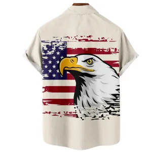 Detailed back view of men's casual short sleeve shirt featuring American flag and eagle 3D print.
