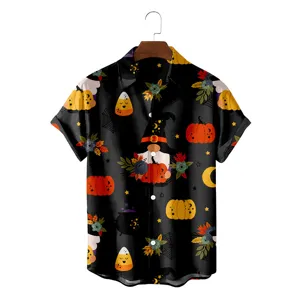 Halloween 3D print short sleeve Hawaiian beach shirt detail view, festive pumpkin pattern.