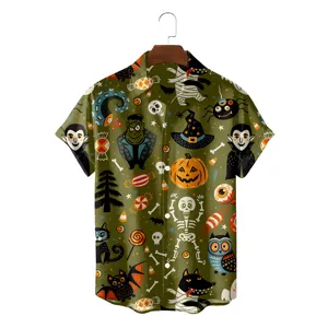 Halloween Hawaiian short sleeve shirt with spooky pumpkin skeleton 3D print for men beach party.