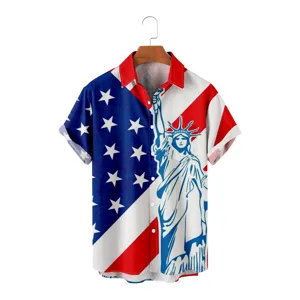 Men's Casual Short Sleeve Shirt American Flag Statue of Liberty 3D Print Summer Fashion Top