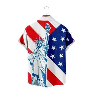 Men's American flag Statue of Liberty print casual short sleeve button down shirt.