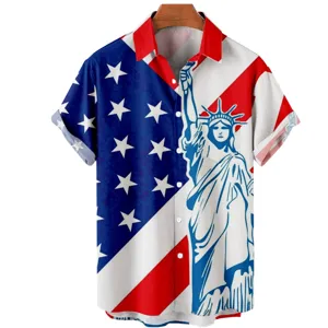 Detail view of American flag and Statue of Liberty print men's casual short sleeve shirt.