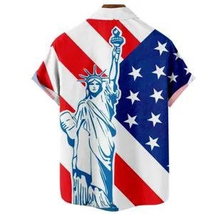Men casual short sleeve shirt featuring a 3D digital print of the American flag and Statue of Liberty.