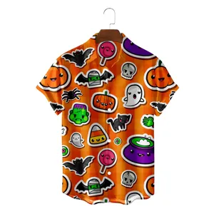 Detailed view of Halloween cartoon print Hawaiian shirt with vibrant pumpkin and ghost patterns.
