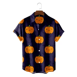 Halloween pumpkin print short sleeve Hawaiian shirt for men casual holiday party top.