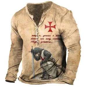 Men's vintage medieval Templar knight long sleeve Henley t-shirt with 3D print graphic.
