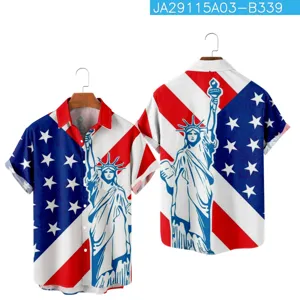 US flag Statue of Liberty print short sleeve shirt detail view design features.