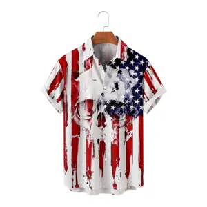 Detailed view of American flag skull 3D printed men's casual short sleeve button shirt.