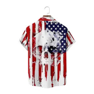 3D American flag skull print men short sleeve shirt detail, casual button down top.