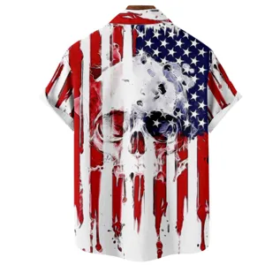 Men's casual short sleeve button down shirt featuring 3d patriotic skull flag print detail