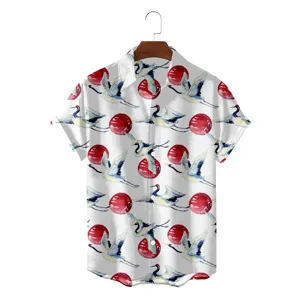 Men short sleeve Hawaiian shirt with watercolor crane and sun print, casual summer button down.