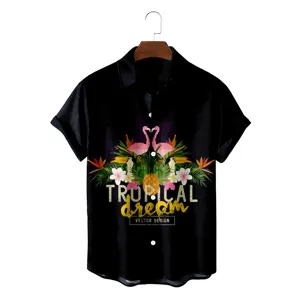 Men's black short sleeve Hawaiian shirt featuring tropical flamingo and flower print for summer.