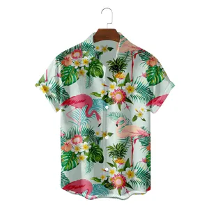 Close-up detail of the tropical flamingo print and button craftsmanship on the summer shirt fabric.