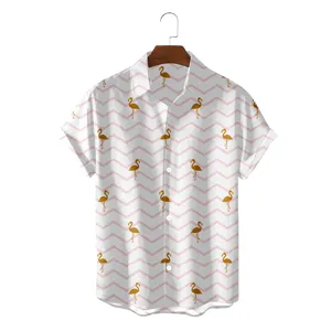 Men's summer short sleeve Hawaiian shirt with pink chevron and golden flamingo print.