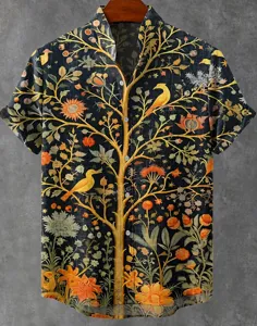 Stylish men's short sleeve mandarin collar shirt featuring vintage botanical bird and tree print.
