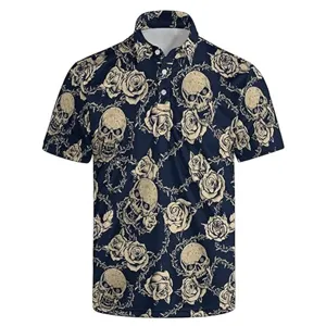 Men short sleeve polo shirt with gothic skull and rose 3D print casual streetwear top