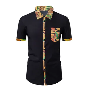 Camisa informal de manga corta para hombre con estampado geométrico africano y bolsillo.