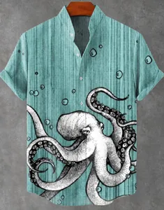 Men's Casual Stand Collar Slub Linen Short Sleeve Shirt Octopus 3D Print Detail View