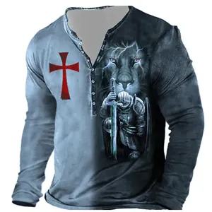 Men's gothic knight lion 3D print long sleeve henley shirt detail showing intricate graphic pattern.