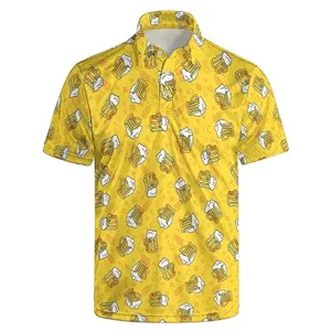 Detail view of men's yellow short sleeve polo shirt featuring allover beer mug graphic print design.