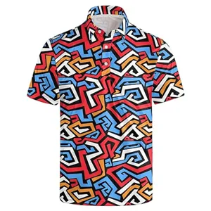 Men's abstract geometric 3D print short sleeve polo shirt casual street style top