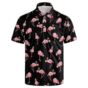 Men's casual short sleeve polo shirt featuring a vibrant pink flamingo and beer print design.